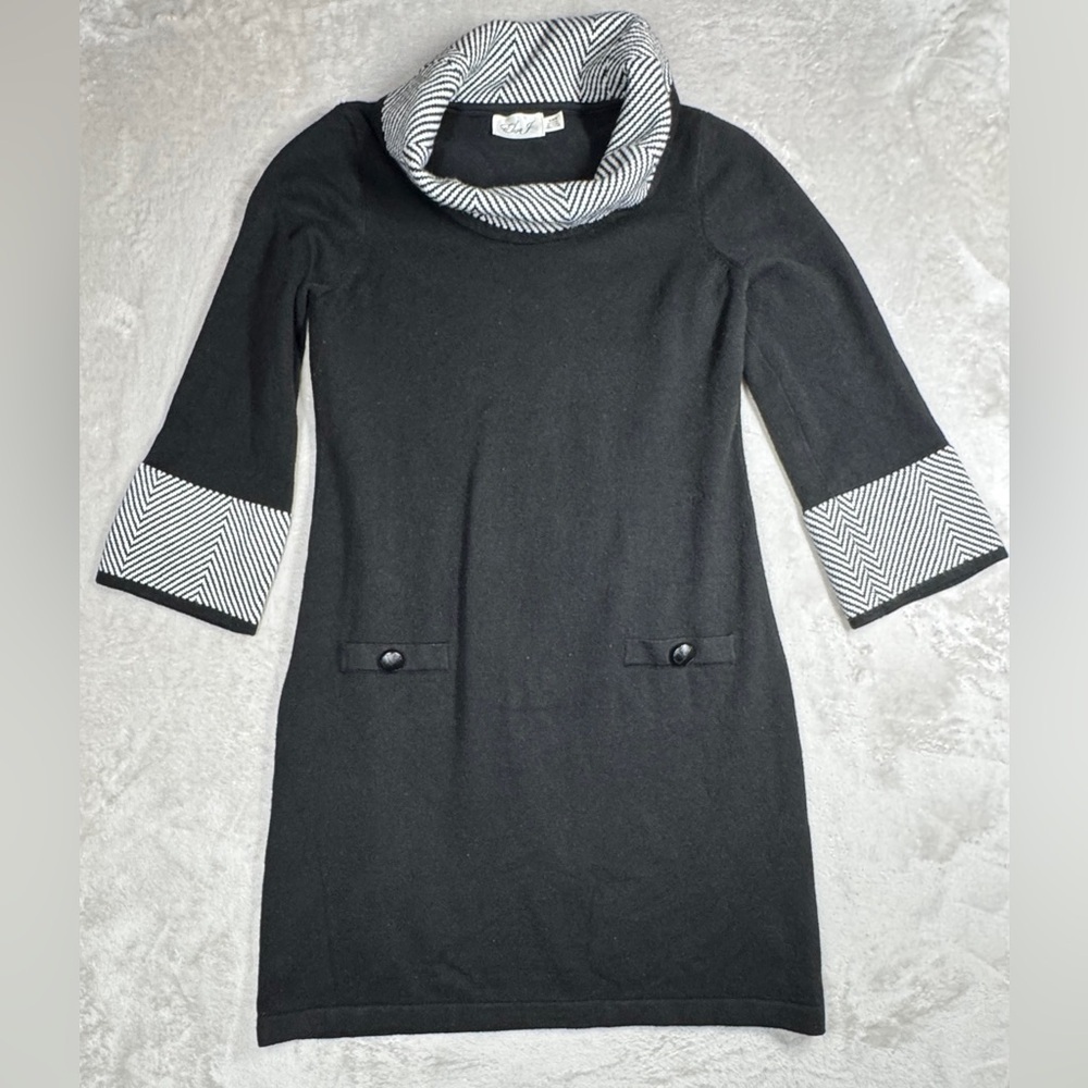 Eliza J Knit Cowl Neck Black White Mod Retro Twee Mini Sweater Dress Size Medium